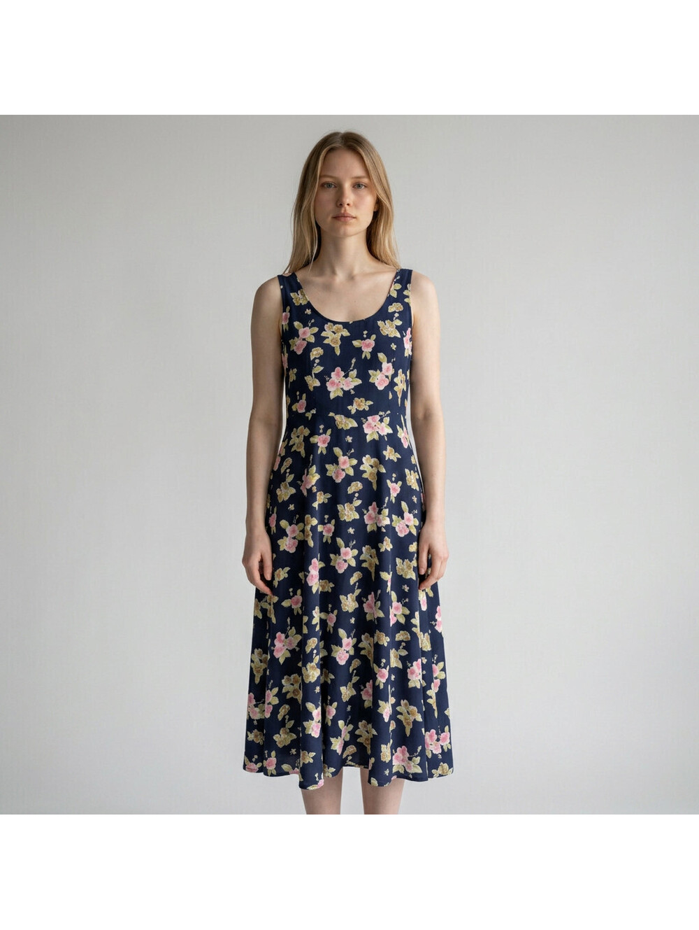 Notations Dress Women S Small Blue Floral Sheath Midi Sleeveless Casual Stretch